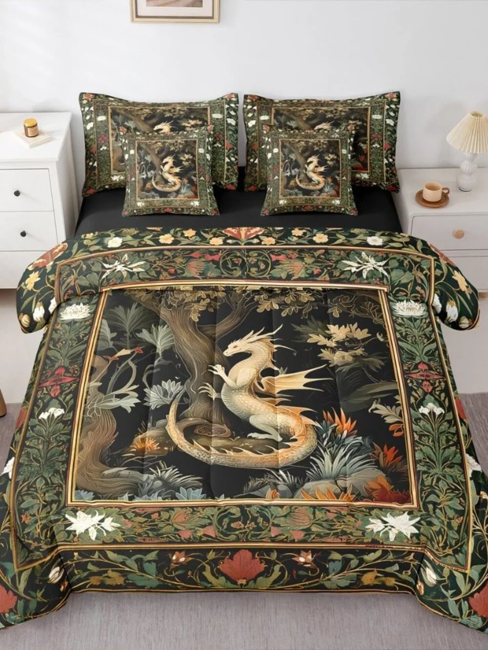 Western Dragon Comforter Country Style Flowers Leaves Bedding Set Twin Size 7 Pc